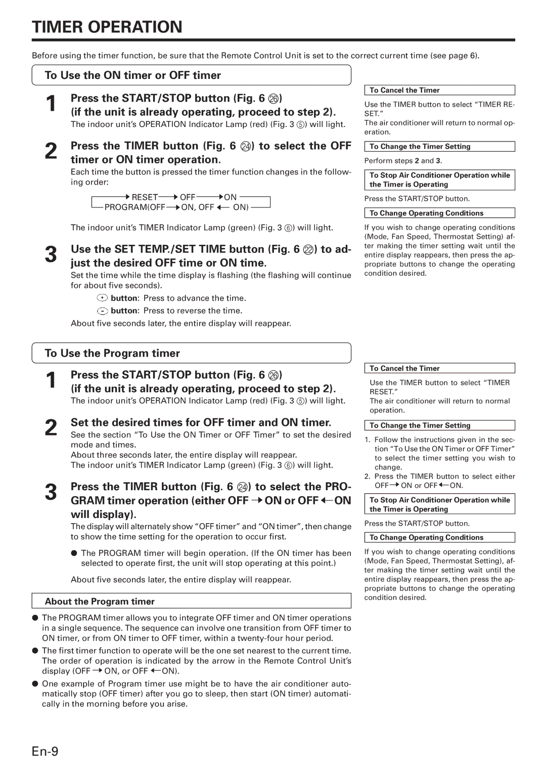 Friedrich MW09C3E, MW12C3E, MR18DC3E operation manual Timer Operation 