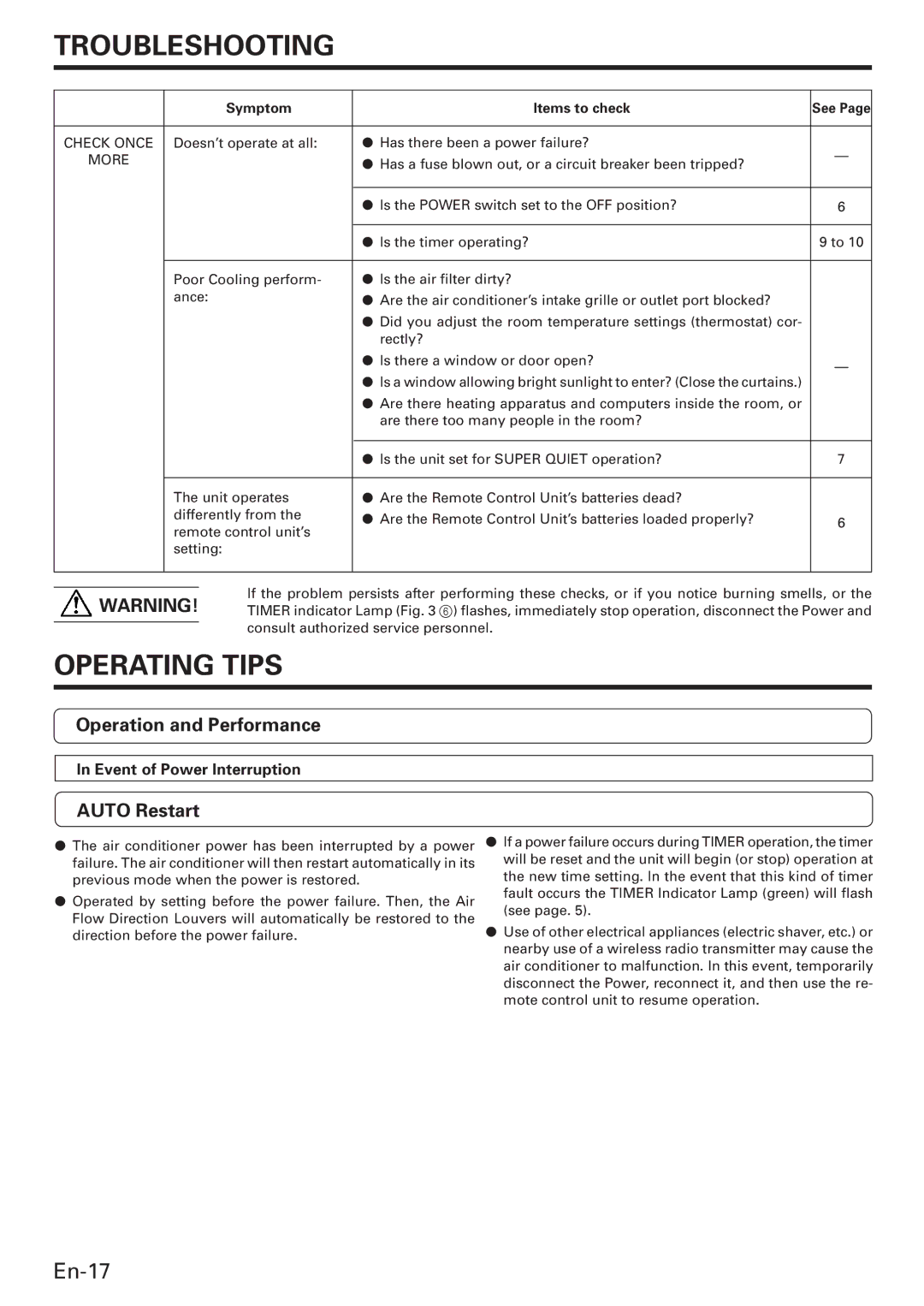 Friedrich MR18DC3E, MW09C3E, MW12C3E Operating Tips, Operation and Performance, Auto Restart, Event of Power Interruption 