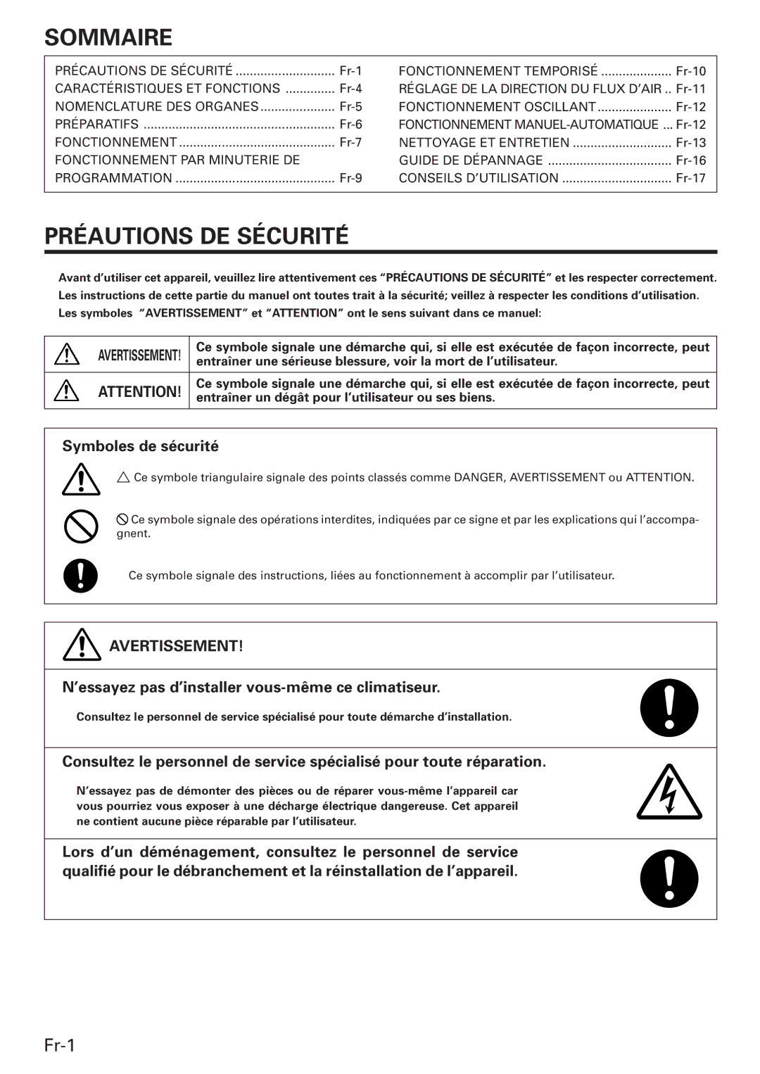 Friedrich MW12C3E, MW09C3E, MR18DC3E operation manual Sommaire, Preautions DE Sécurite, Symboles de sécurité, Avertissement 