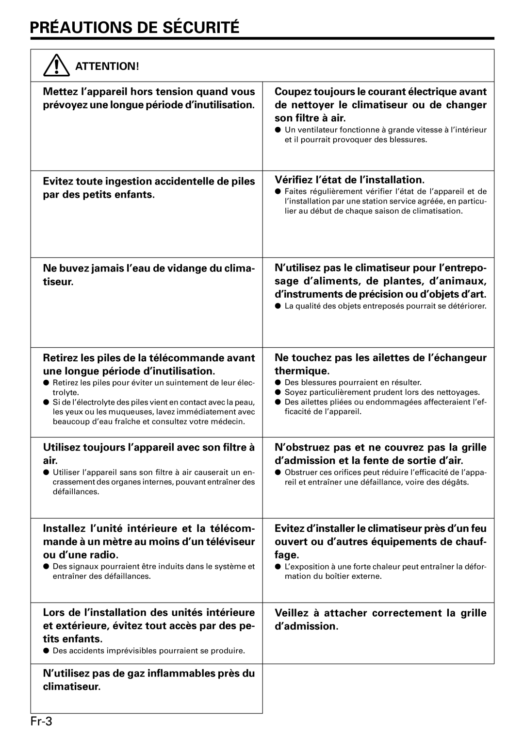 Friedrich MW09C3E, MW12C3E, MR18DC3E Mettez l’appareil hors tension quand vous, Ne buvez jamais l’eau de vidange du clima 