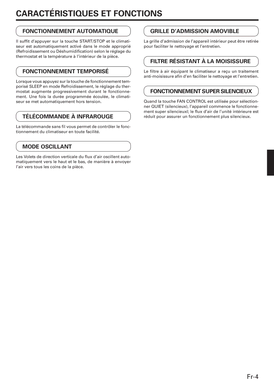 Friedrich MW12C3E, MW09C3E, MR18DC3E operation manual Caractéristiques ET Fonctions 