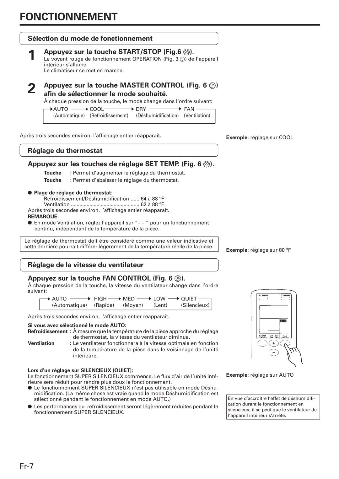 Friedrich MW12C3E, MW09C3E, MR18DC3E Fonctionnement, Afin de sélectionner le mode souhaité, Plage de réglage du thermostat 