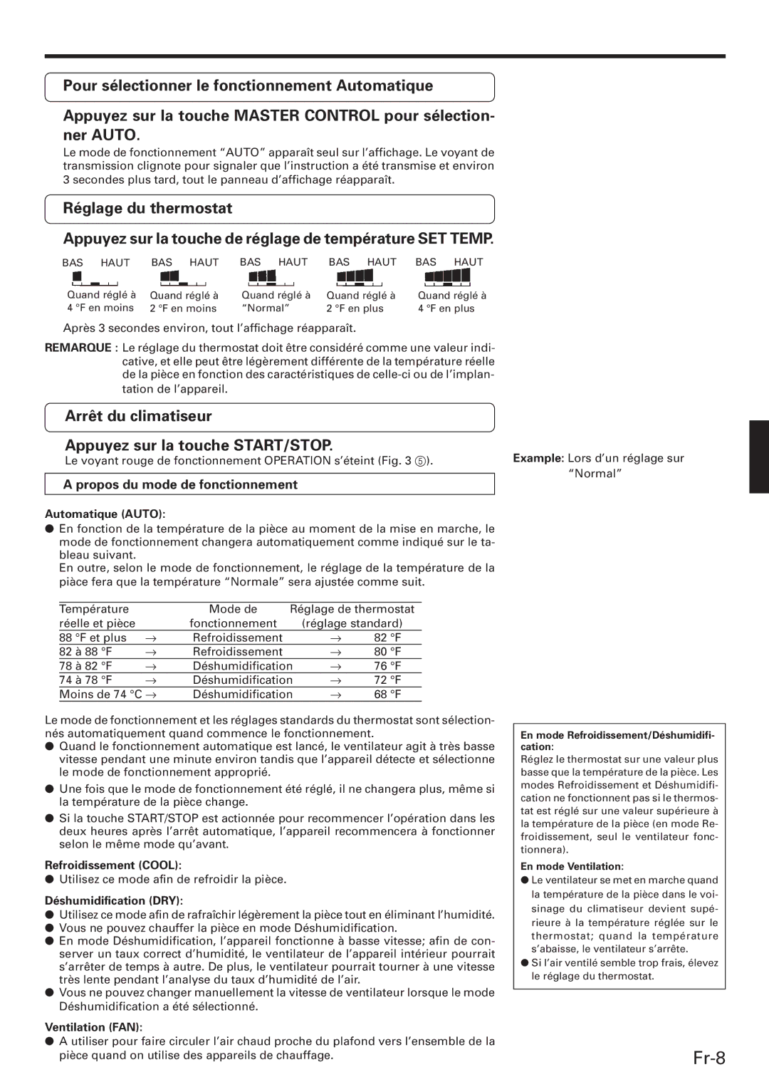 Friedrich MR18DC3E, MW09C3E, MW12C3E Réglage du thermostat, Arrêt du climatiseur Appuyez sur la touche START/STOP 