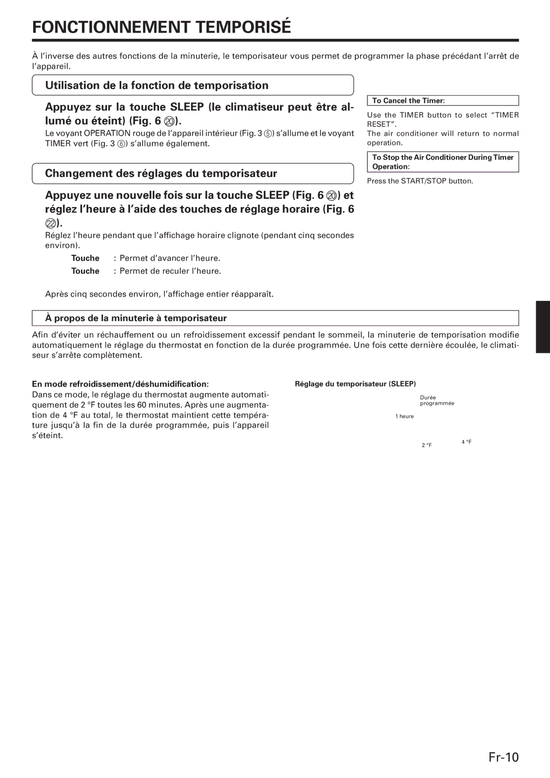 Friedrich MW12C3E, MW09C3E, MR18DC3E operation manual Fonctionnement Temporisé, Changement des réglages du temporisateur 