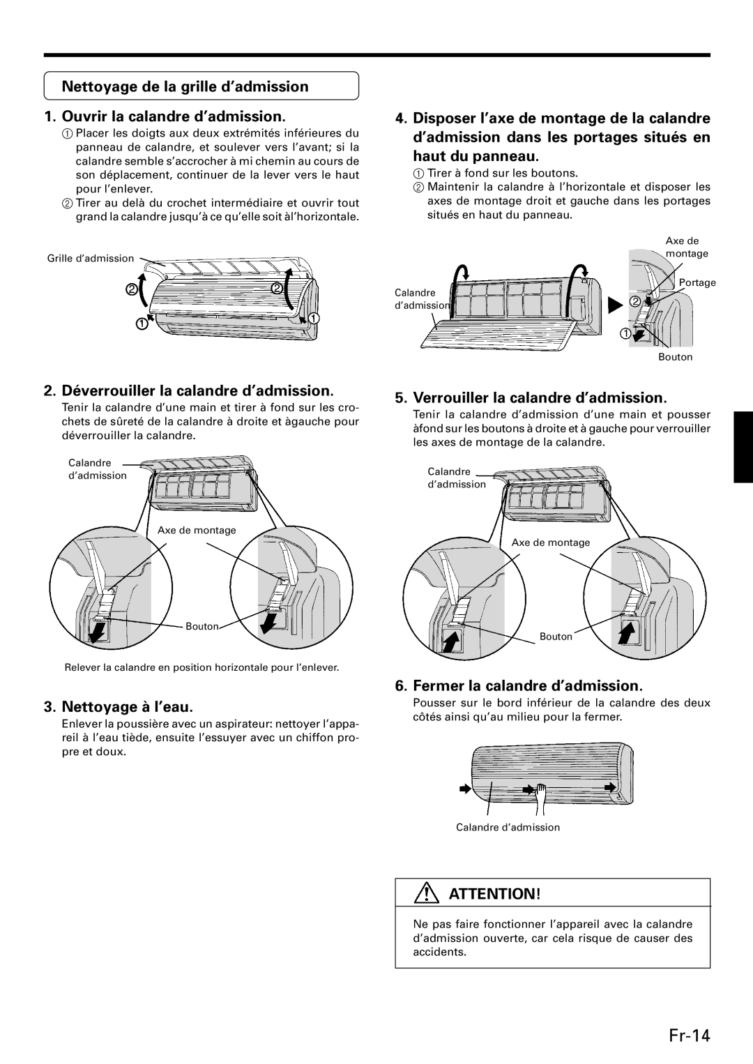 Friedrich MR18DC3E, MW09C3E, MW12C3E Déverrouiller la calandre d’admission, Nettoyage à l’eau, Haut du panneau 