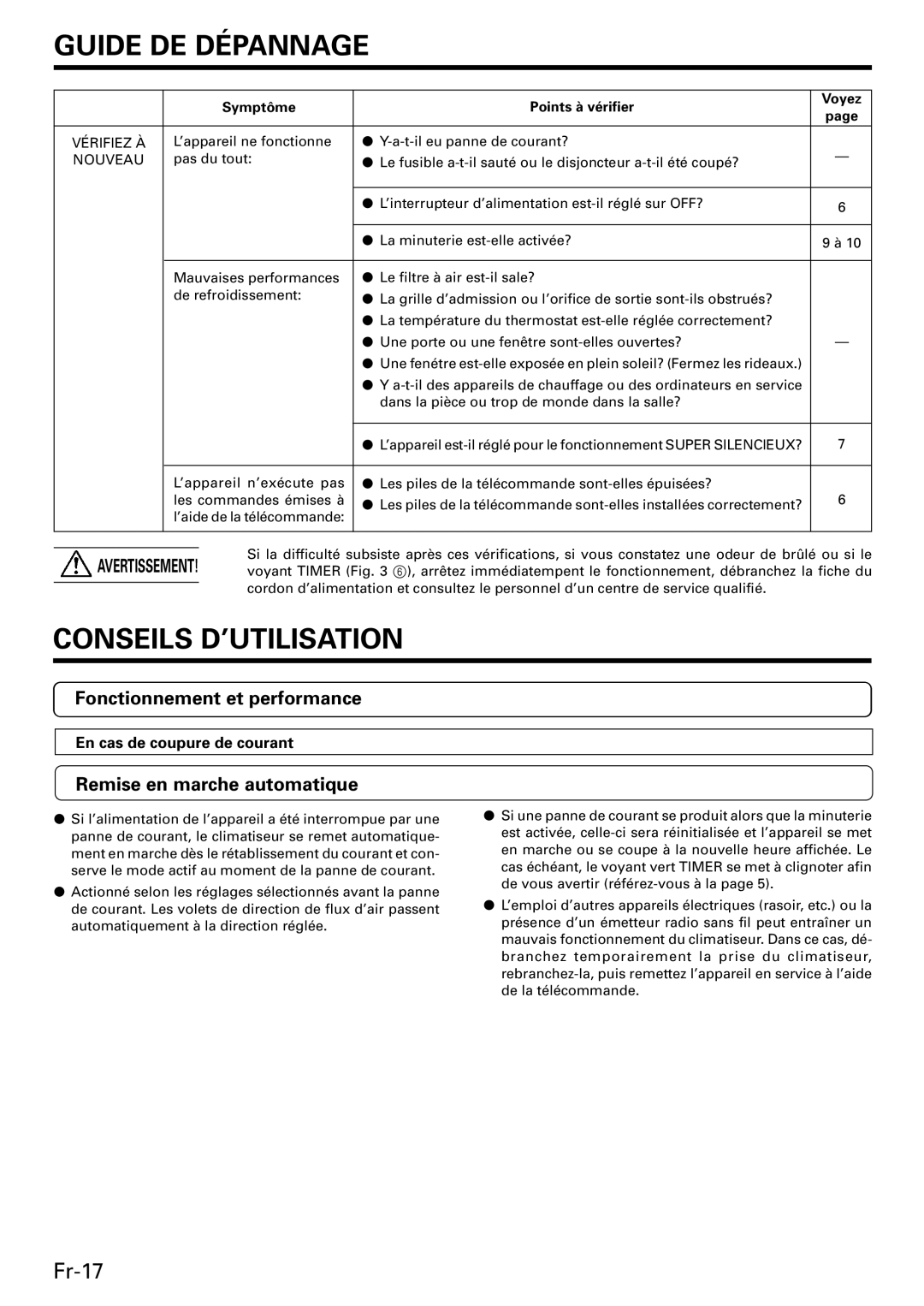 Friedrich MR18DC3E, MW09C3E, MW12C3E Conseils D’UTILISATION, Fonctionnement et performance, Remise en marche automatique 