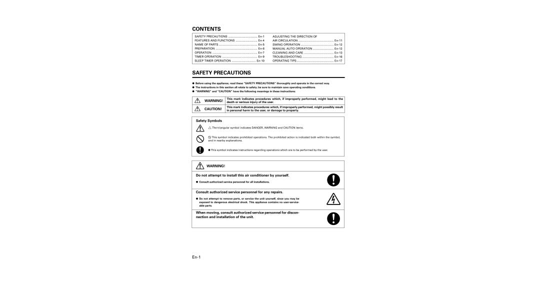 Friedrich MW12C3E, MW09C3E, MR18DC3E operation manual Contents, Safety Precautions 