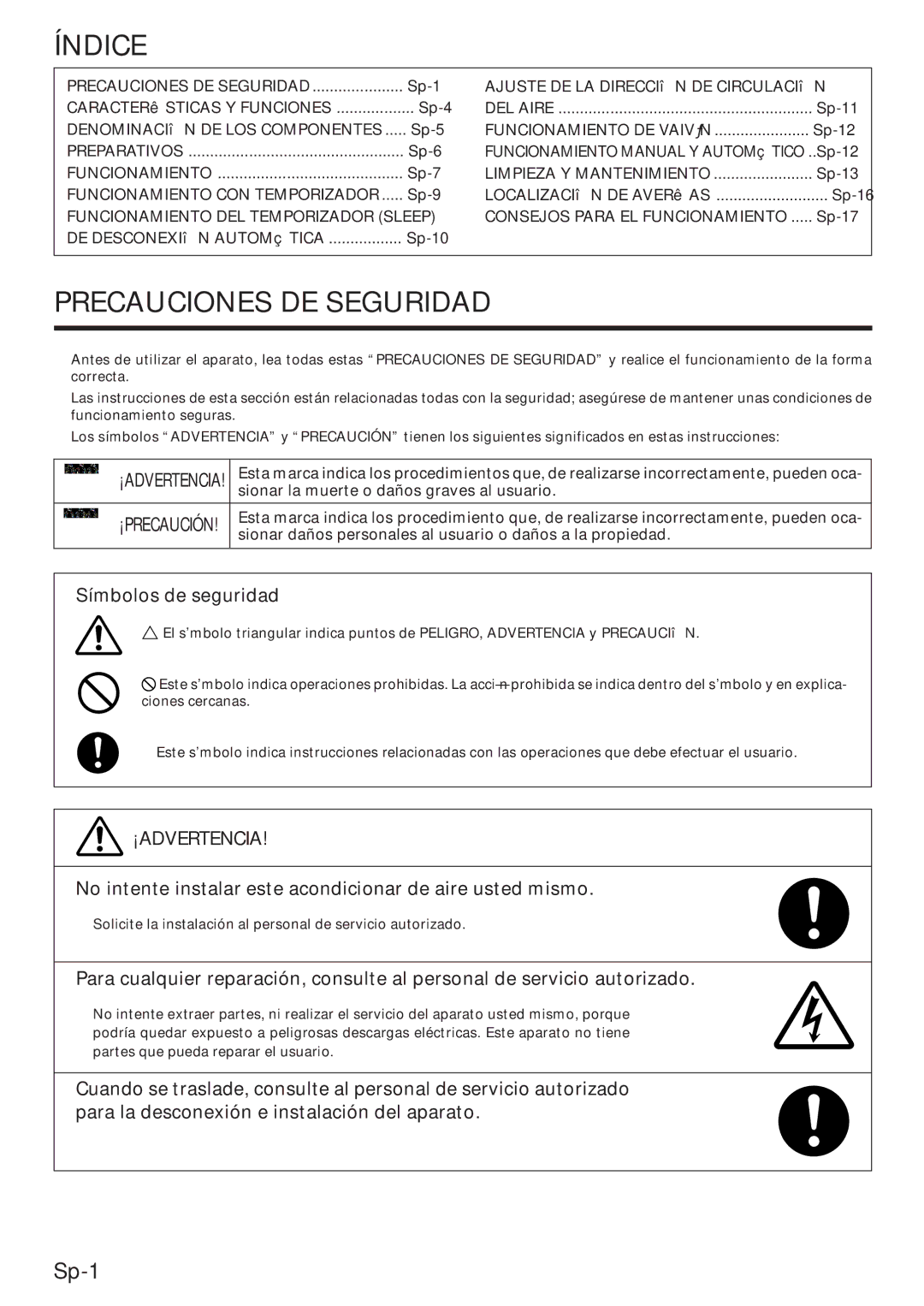 Friedrich MW12C3E, MW09C3E, MR18DC3E operation manual Índice, Precauciones DE Seguridad, Símbolos de seguridad, ¡Advertencia 