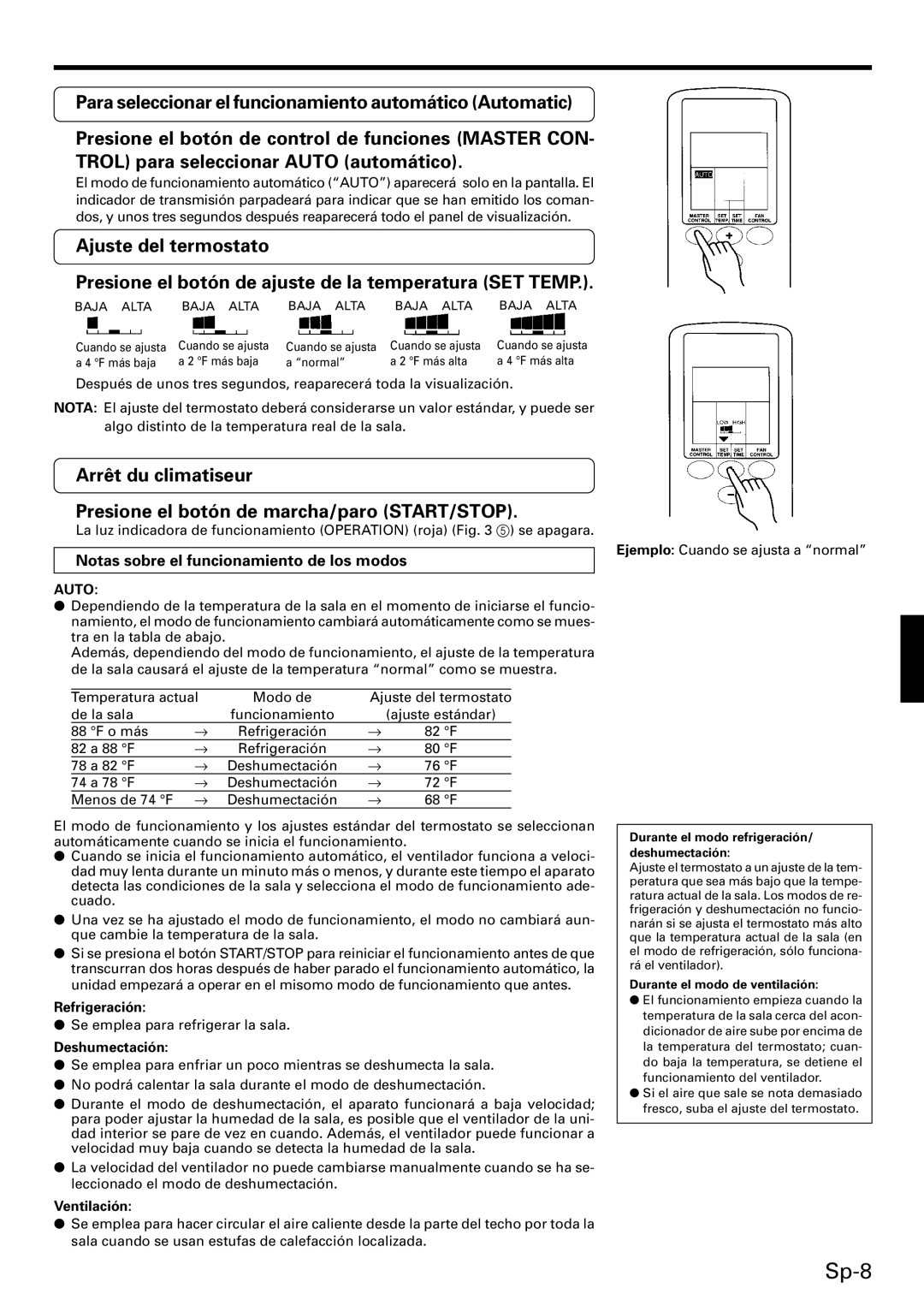 Friedrich MR18DC3E Ajuste del termostato, Notas sobre el funcionamiento de los modos, Refrigeración, Deshumectación 