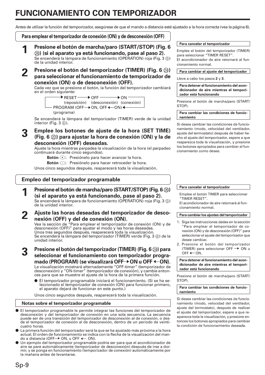 Friedrich MW09C3E Funcionamiento CON Temporizador, Empleo del temporizador programable, Nexión OFF y del de conexión on 