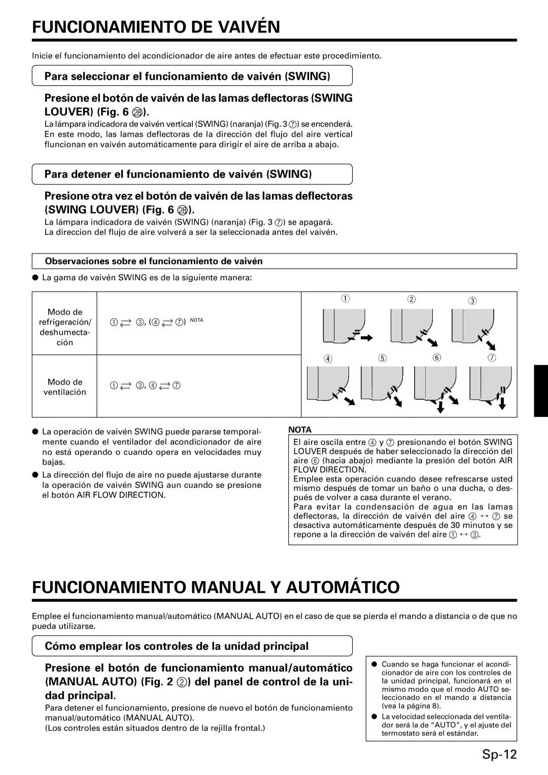 Friedrich MW09C3E, MW12C3E, MR18DC3E operation manual Funcionamiento DE Vaivén, Funcionamiento Manual Y Automático 