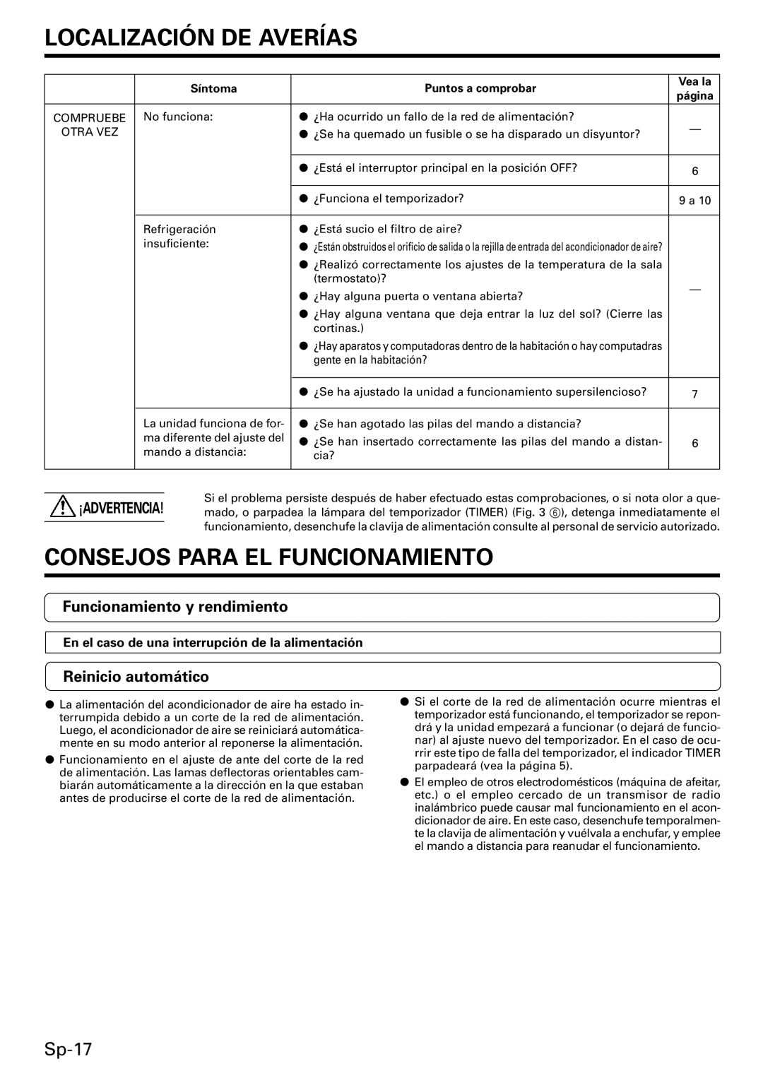 Friedrich MR18DC3E, MW09C3E, MW12C3E Consejos Para EL Funcionamiento, Funcionamiento y rendimiento, Reinicio automático 