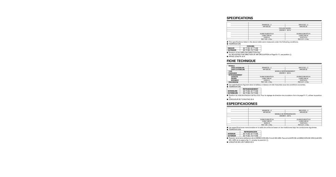 Friedrich MW12C3E, MW09C3E, MR18DC3E Specifications, Fiche Technique, Especificaciones, DB / 67 F WB, DB / 75 F WB 