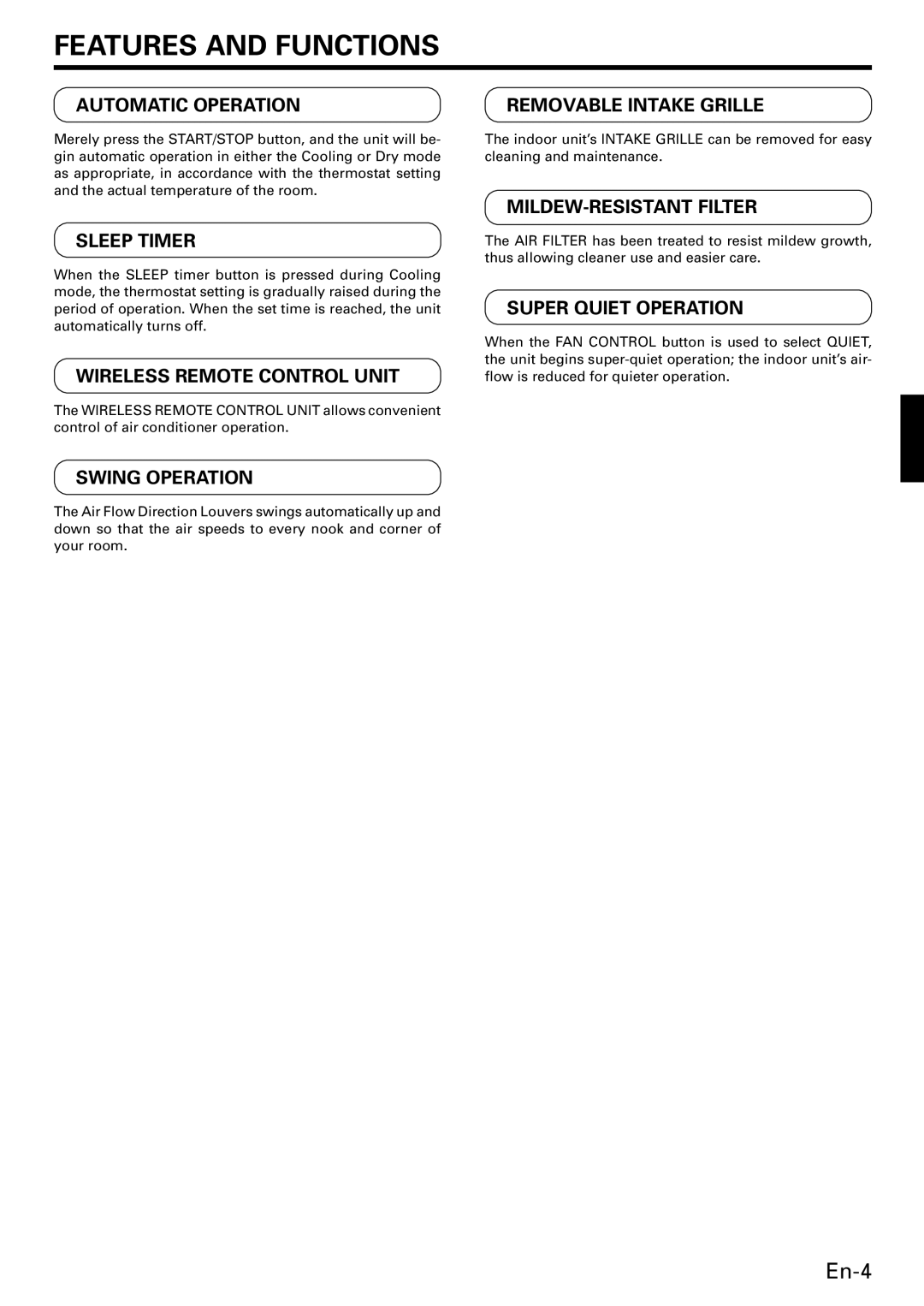 Friedrich MW12C3E, MW09C3E, MR18DC3E operation manual Features and Functions 