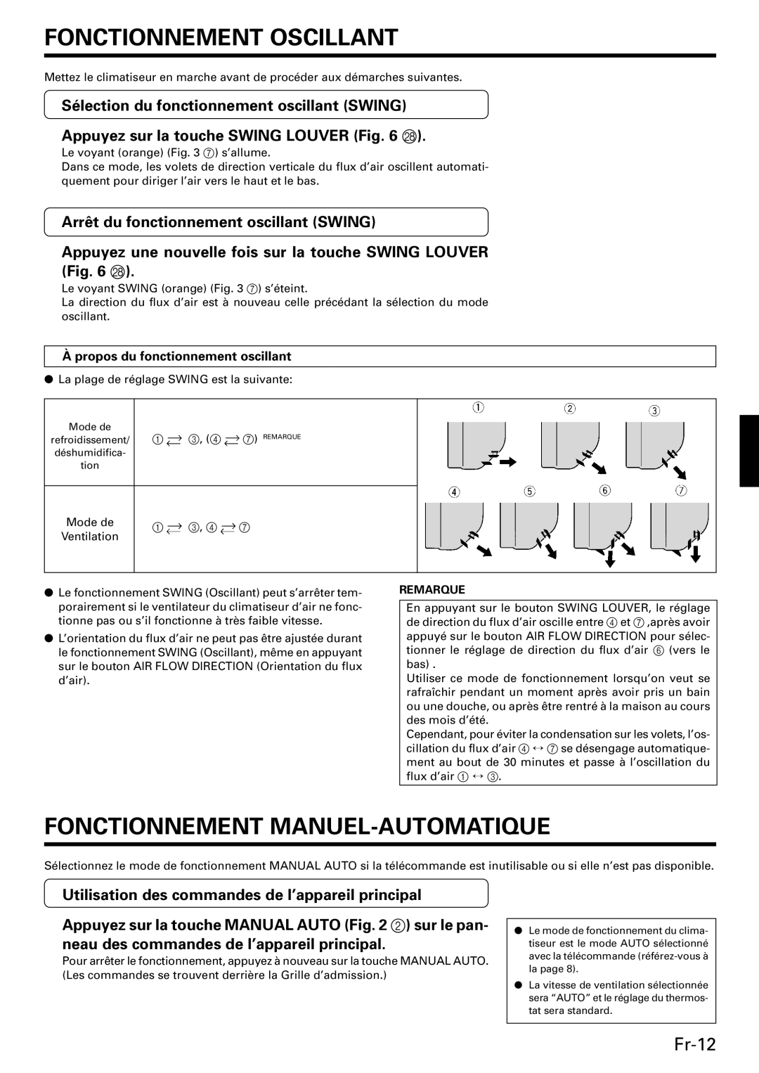Friedrich MW09C3E Fonctionnement Oscillant, Fonctionnement Manuel-Automatique, Fr-12, Appuyez sur la touche SWING LOUVER R 