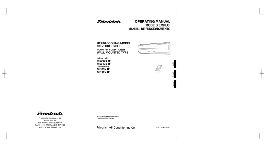 Friedrich MW12Y1F, MW09Y1F, MR09Y1F MR12Y1F operation manual For Future Reference, Español Français English 