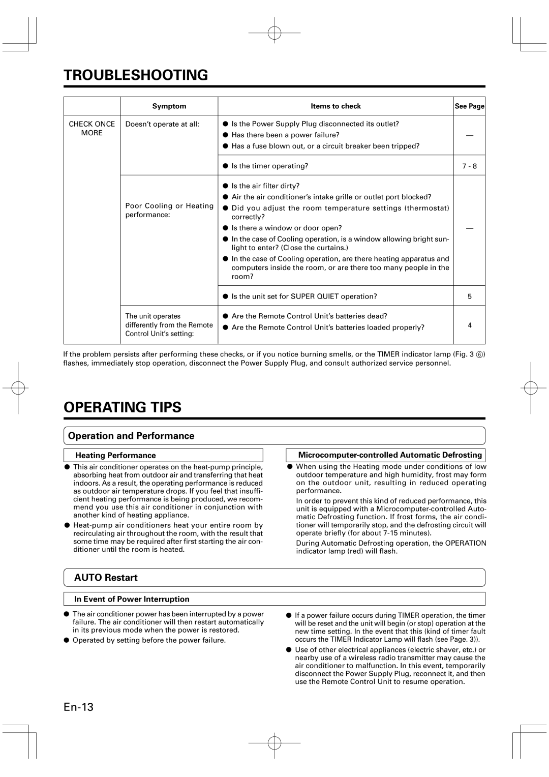 Friedrich MR09Y1F MR12Y1F, MW09Y1F Operating Tips, Operation and Performance, Auto Restart, Event of Power Interruption 