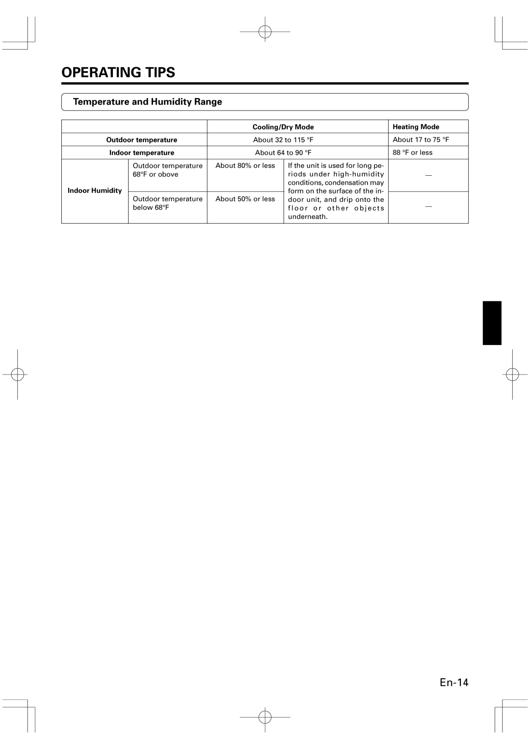 Friedrich MW09Y1F Temperature and Humidity Range, Cooling/Dry Mode Heating Mode Outdoor temperature, Indoor temperature 