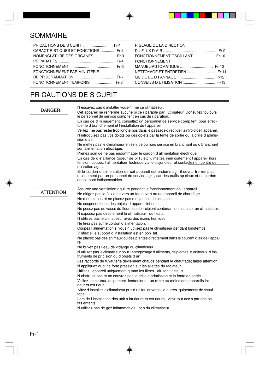 Friedrich MW12Y1F, MW09Y1F, MR09Y1F MR12Y1F operation manual Sommaire, Précautions DE Sécurité 