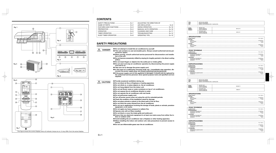 Friedrich MR09Y1F MR12Y1F, MW09Y1F, MW12Y1F operation manual Contents, Safety Precautions 