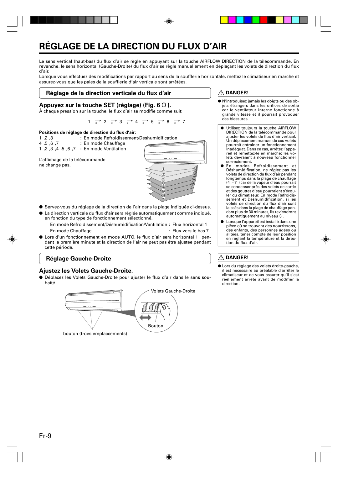 Friedrich MW09Y1F, MW12Y1F Réglage DE LA Direction DU Flux D’AIR, Réglage Gauche-Droite Ajustez les Volets Gauche-Droite 