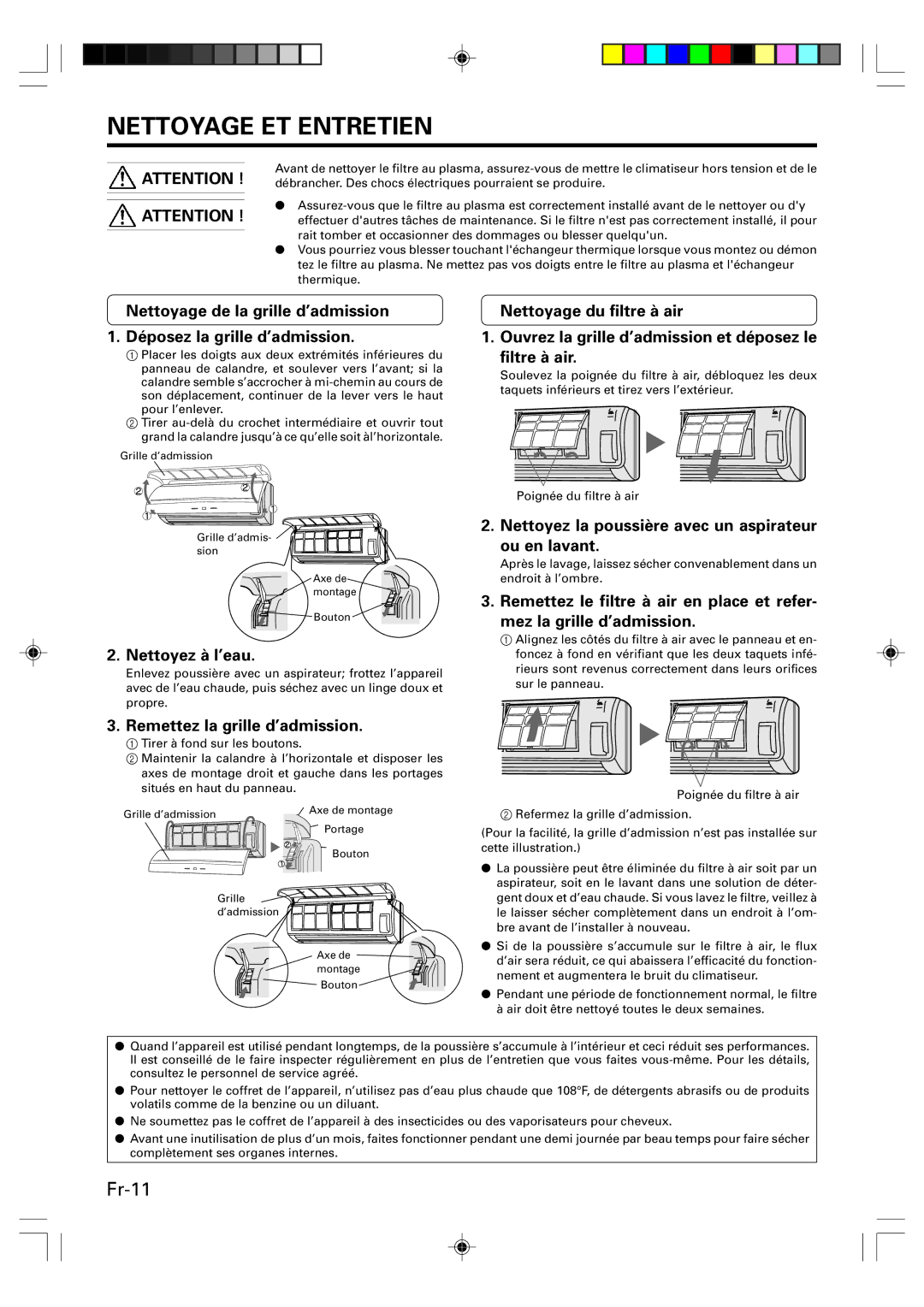 Friedrich MR09Y1F MR12Y1F, MW09Y1F, MW12Y1F Nettoyage ET Entretien, Nettoyez à l’eau, Remettez la grille d’admission 