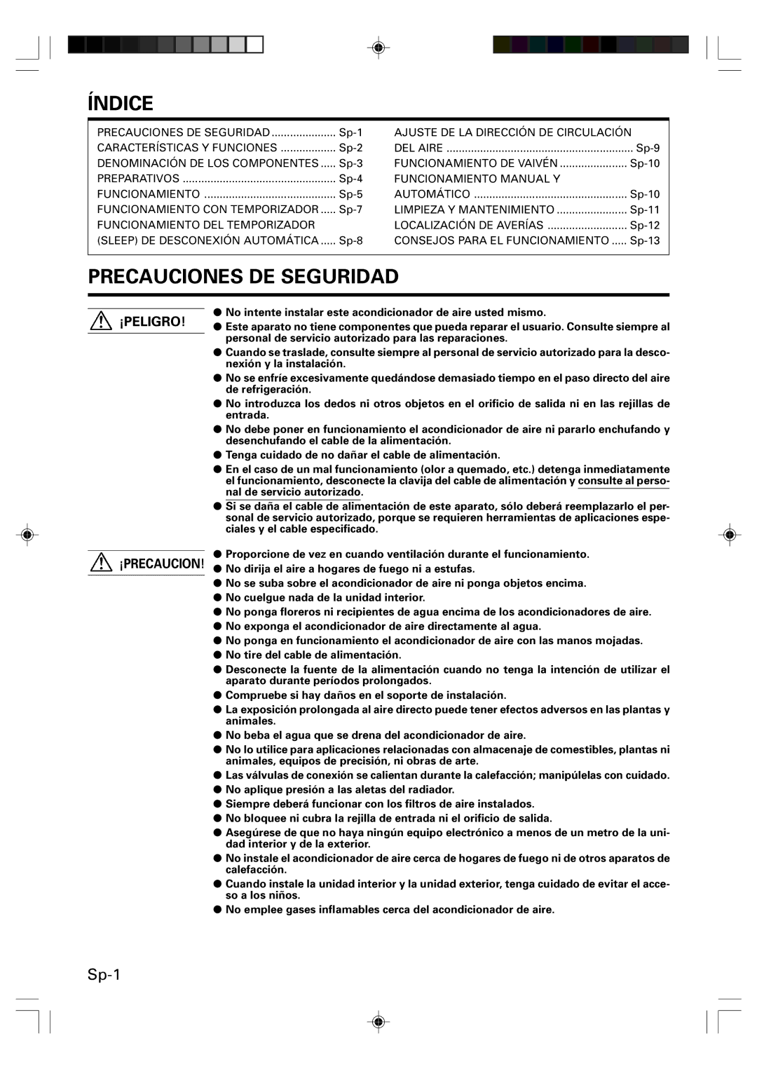 Friedrich MW09Y1F, MW12Y1F, MR09Y1F MR12Y1F operation manual Índice, Precauciones DE Seguridad 