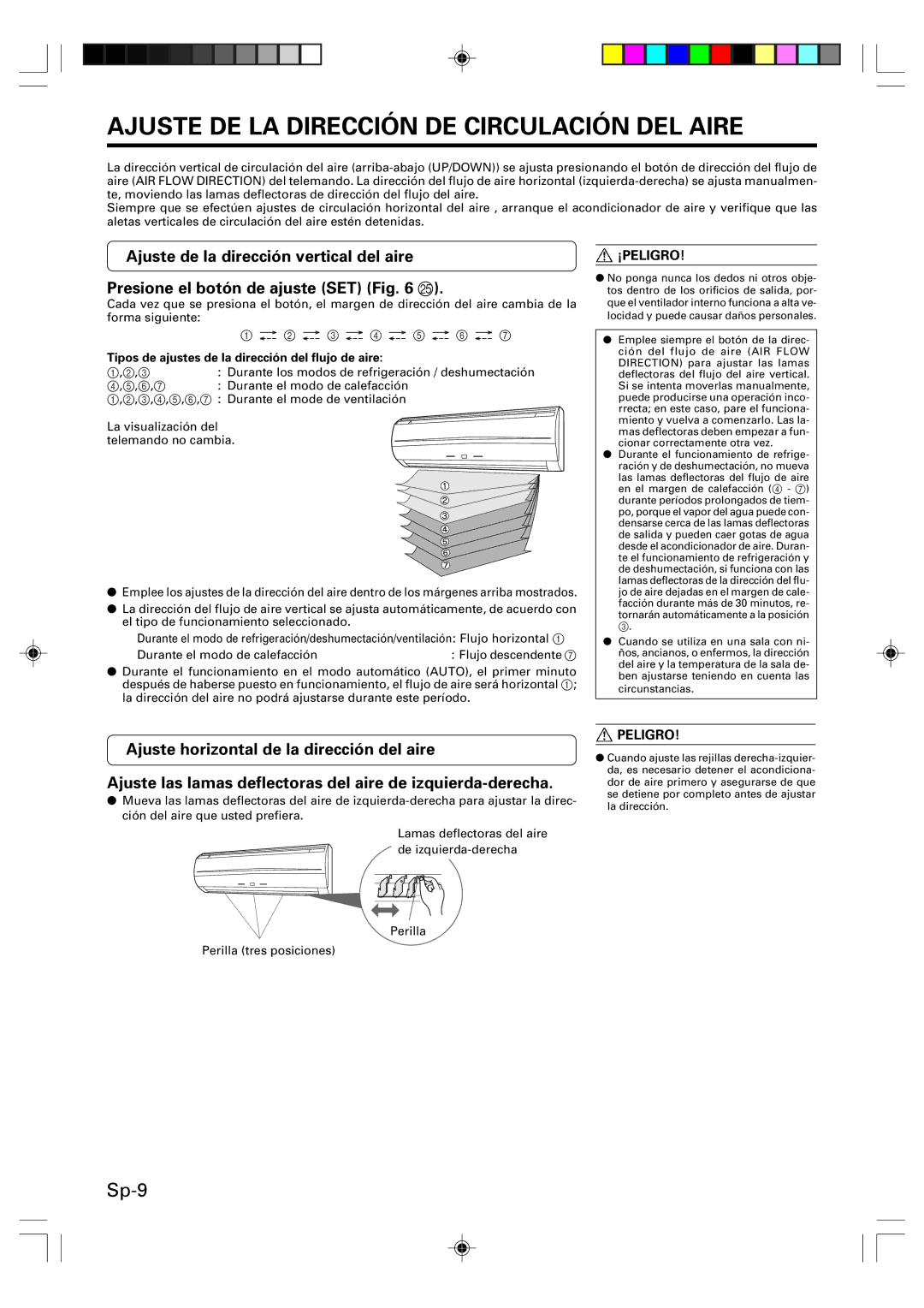 Friedrich MR09Y1F MR12Y1F, MW09Y1F, MW12Y1F operation manual Ajuste DE LA Dirección DE Circulación DEL Aire, ¡Peligro 