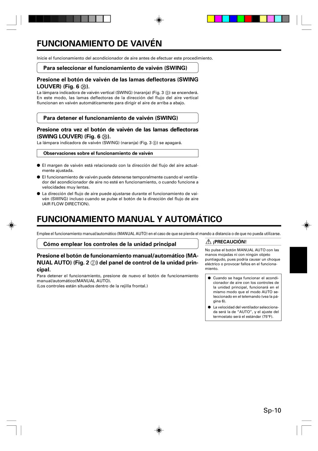 Friedrich MW09Y1F, MW12Y1F Funcionamiento DE Vaivén, Funcionamiento Manual Y Automático, ¡Precaución, AIR Flow Direction 