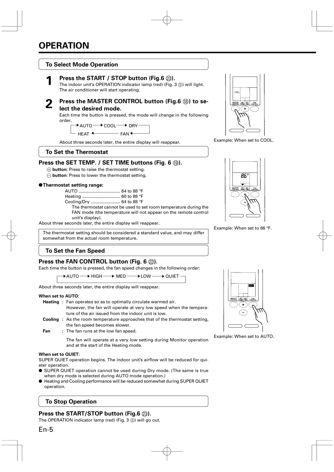 Friedrich MW09Y1F, MW12Y1F To Select Mode Operation Press the Start / Stop button M, Thermostat setting range 