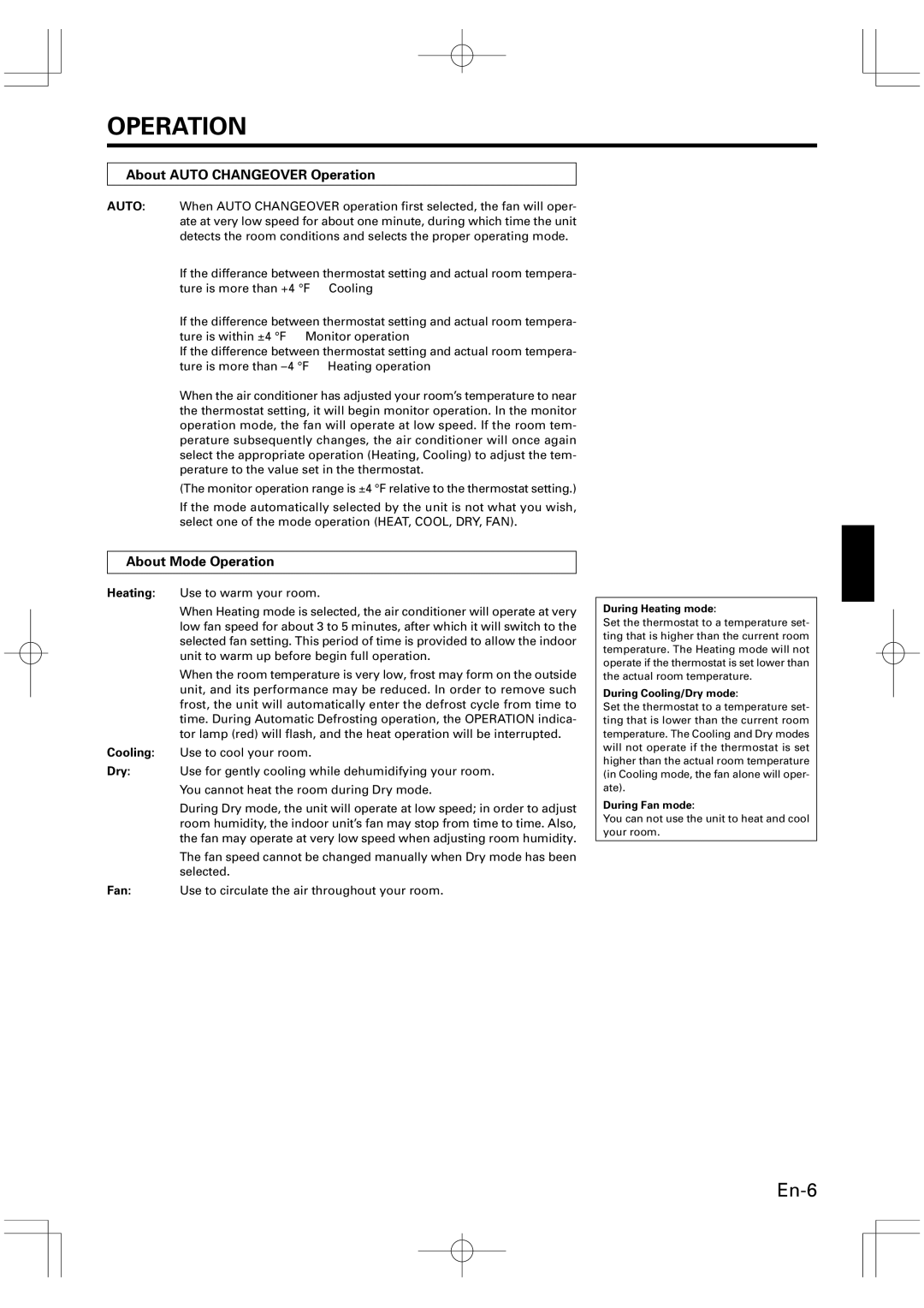 Friedrich MW12Y1F About Auto Changeover Operation, About Mode Operation, During Heating mode, During Cooling/Dry mode 