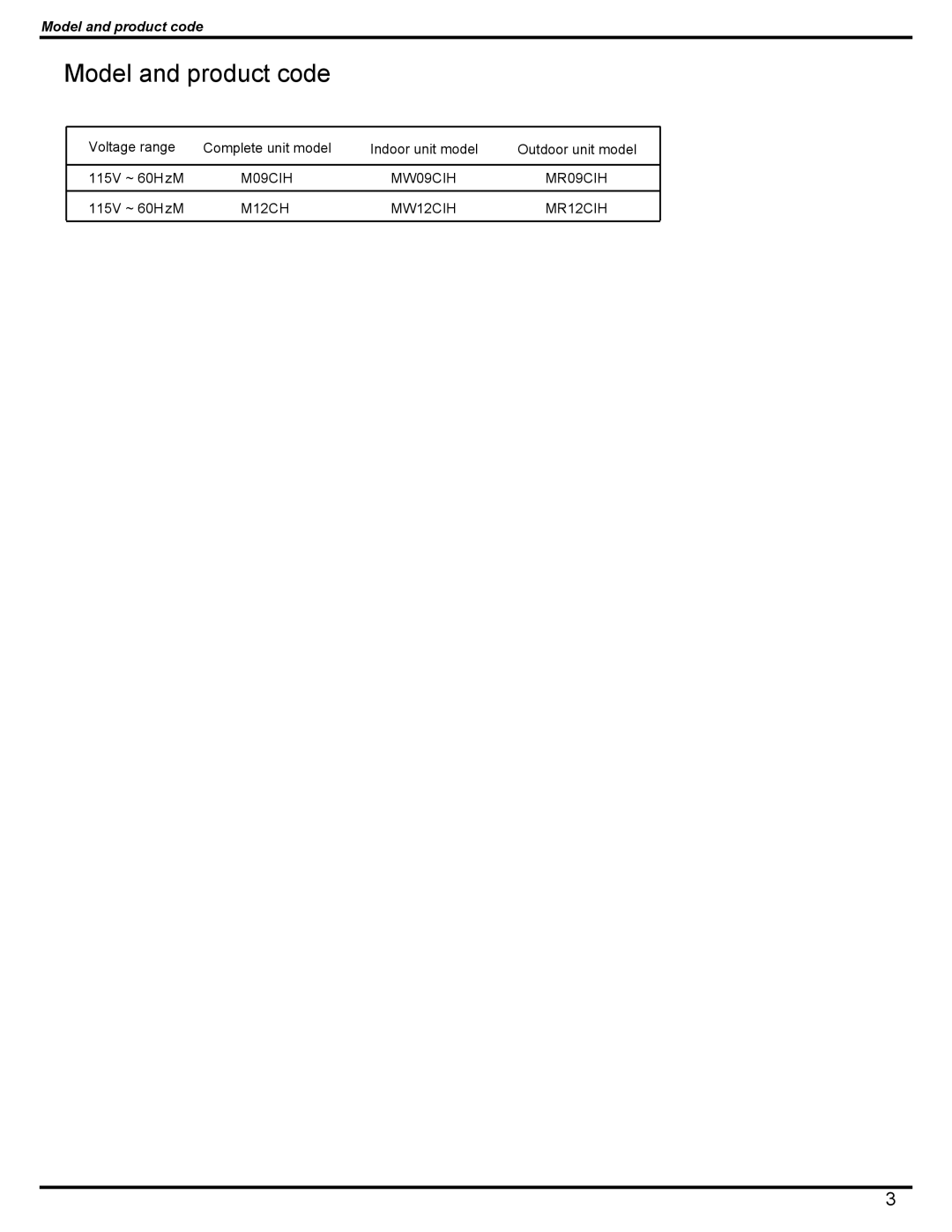 Friedrich MR12C1H, MW12C1H, MW09C1H, MR09C1H manual Model and product code 