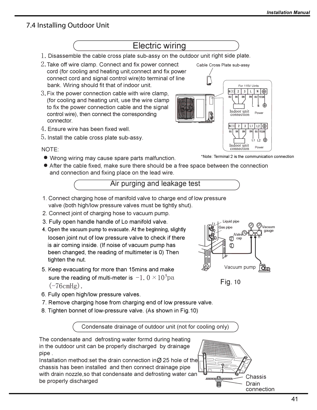 Friedrich MW09C1H, MW12C1H, MR09C1H, MR12C1H manual Electric wiring, Installing Outdoor Unit 