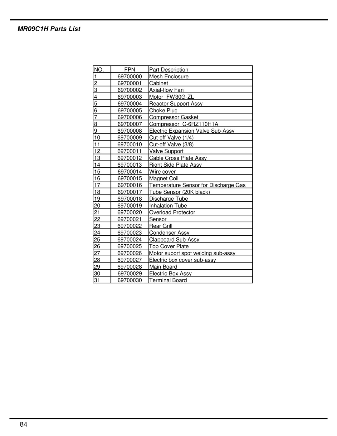 Friedrich MW12C1H, MW09C1H, MR12C1H manual MR09C1H Parts List 