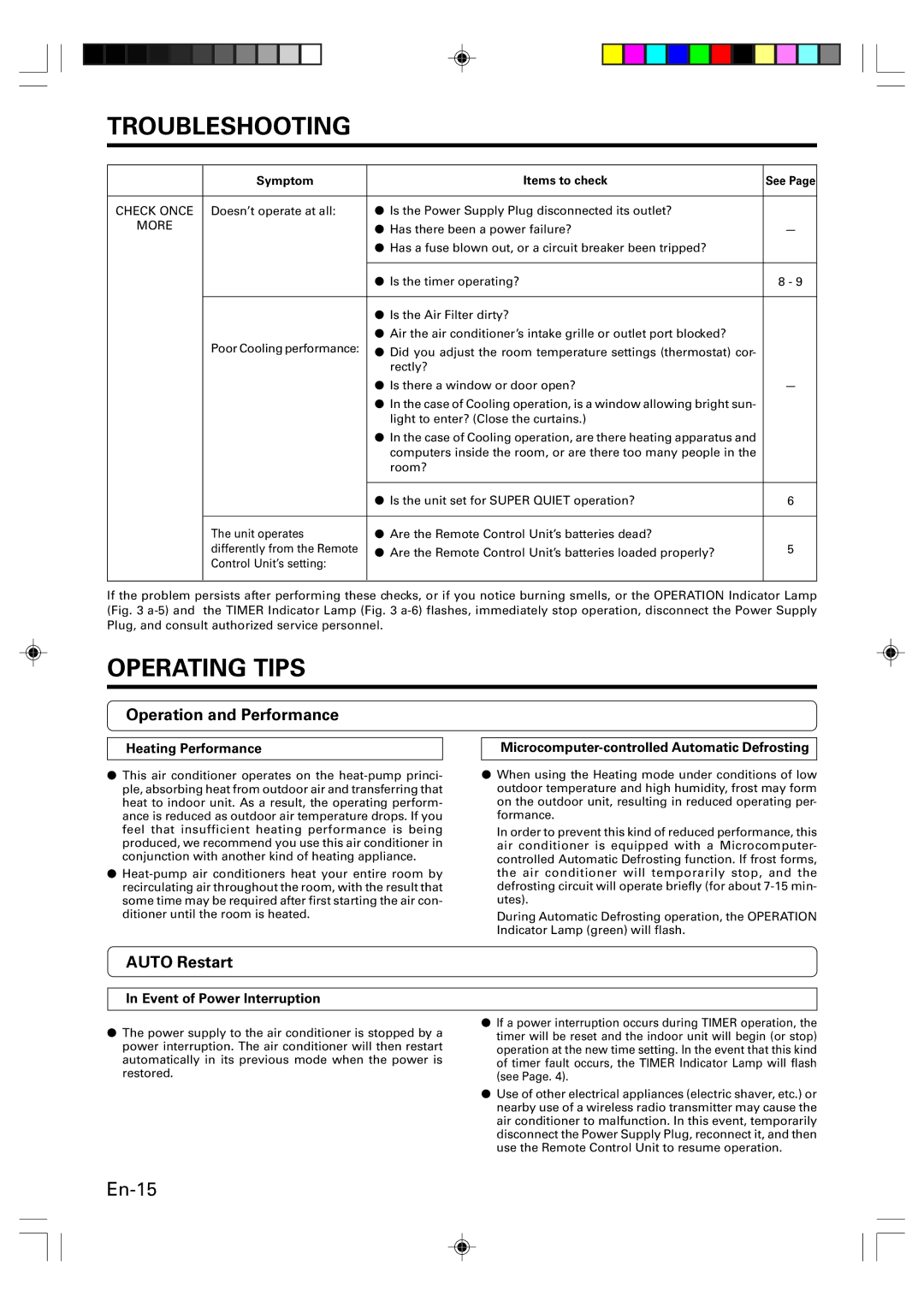 Friedrich MW12Y3H, MW09Y3H manual Operating Tips, Operation and Performance, Auto Restart, Heating Performance 