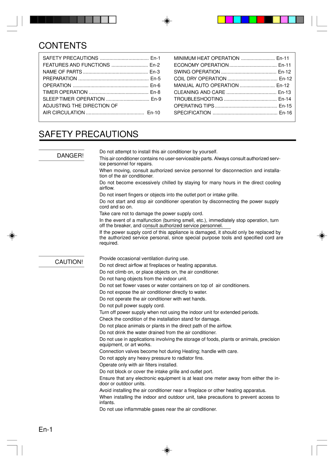 Friedrich MW12Y3H, MW09Y3H manual Contents, Safety Precautions 