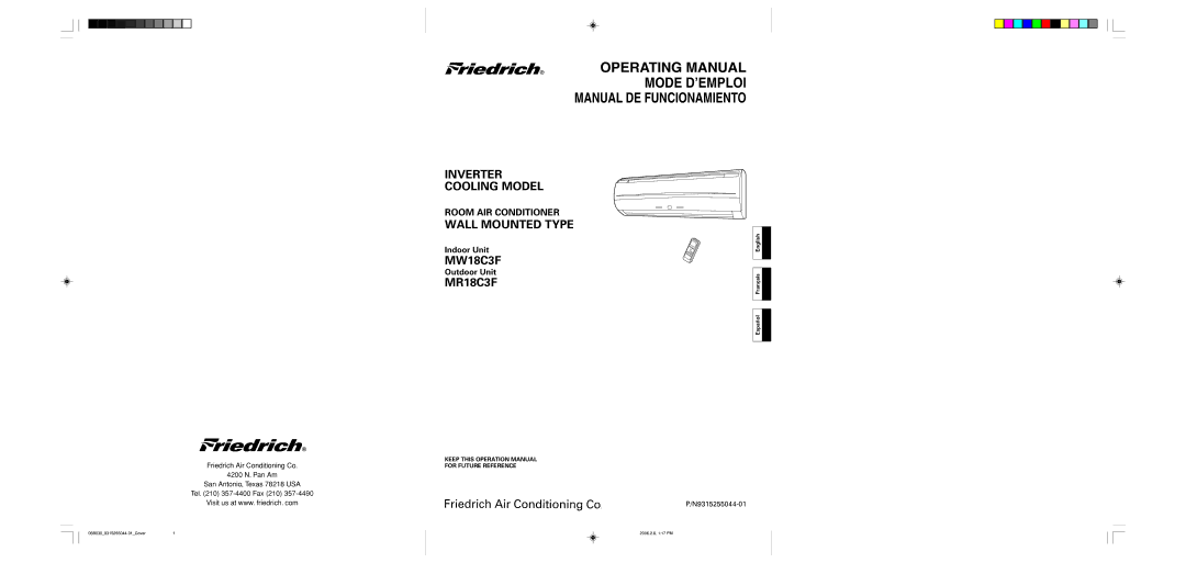 Friedrich MR18C3F, MW18C3F operation manual Operating Manual, Español Français English 