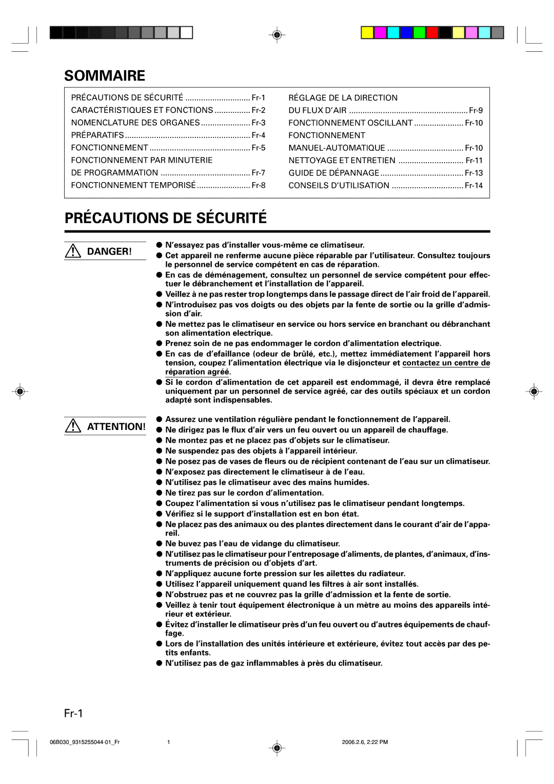 Friedrich MW18C3F, MR18C3F operation manual Sommaire, Précautions DE Sécurité, Fr-1 