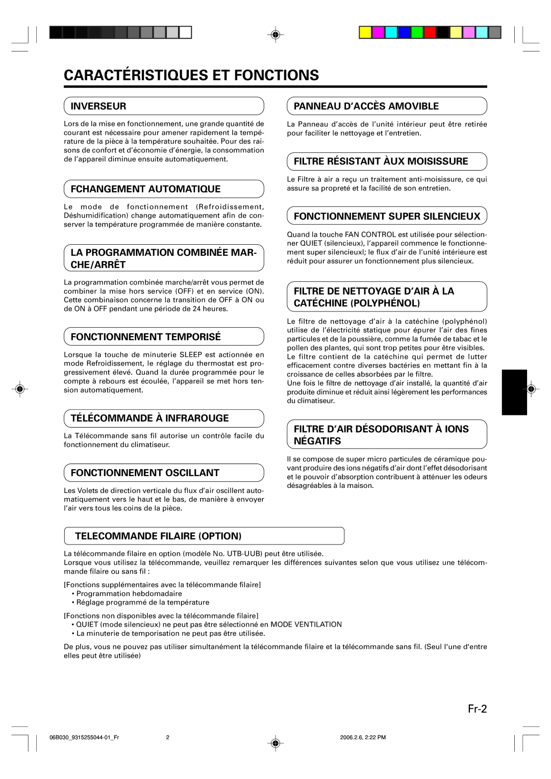 Friedrich MR18C3F, MW18C3F operation manual Caractéristiques ET Fonctions, Fr-2 