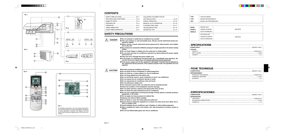 Friedrich MW18C3F, MR18C3F operation manual Contents, Safety Precautions, Specifications, Fiche Technique, Especificaciones 