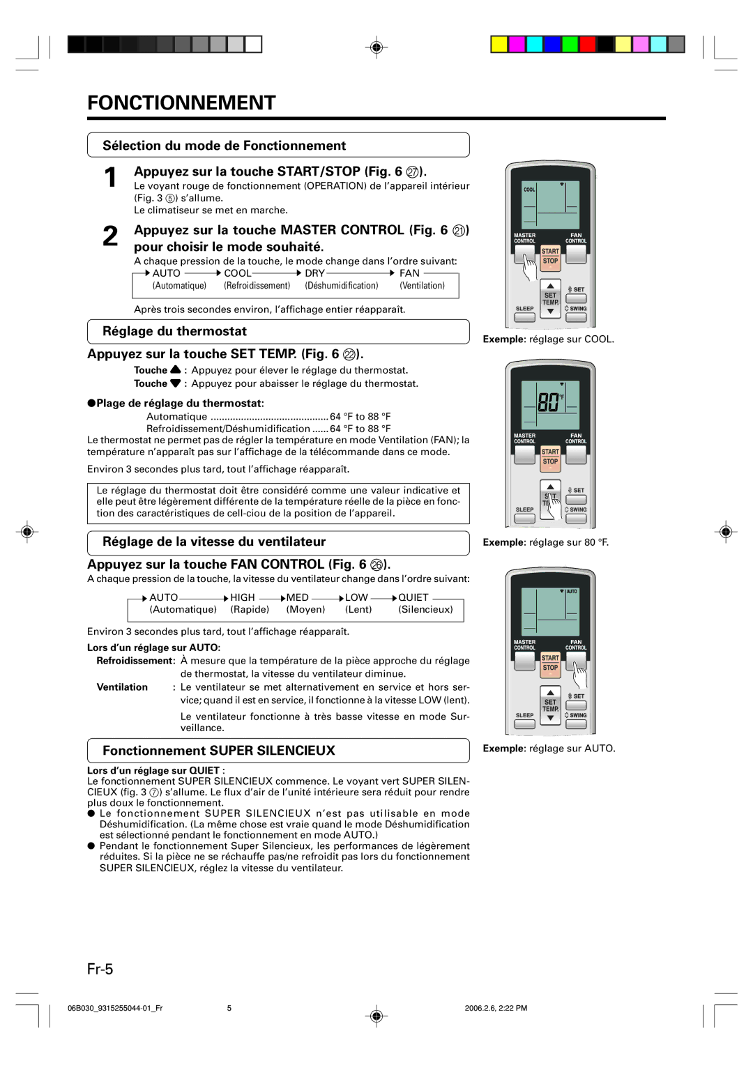 Friedrich MW18C3F, MR18C3F operation manual Fonctionnement, Fr-5, Réglage du thermostat Appuyez sur la touche SET TEMP. L 