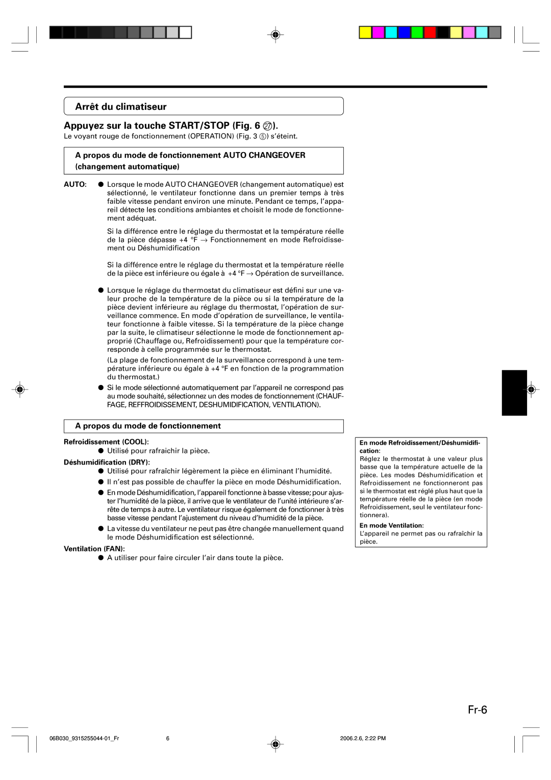 Friedrich MR18C3F, MW18C3F Fr-6, Arrêt du climatiseur Appuyez sur la touche START/STOP Q, Propos du mode de fonctionnement 