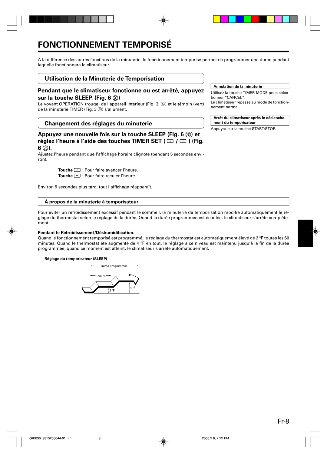 Friedrich MR18C3F, MW18C3F operation manual Fonctionnement Temporisé, Fr-8, Changement des réglages du minuterie 