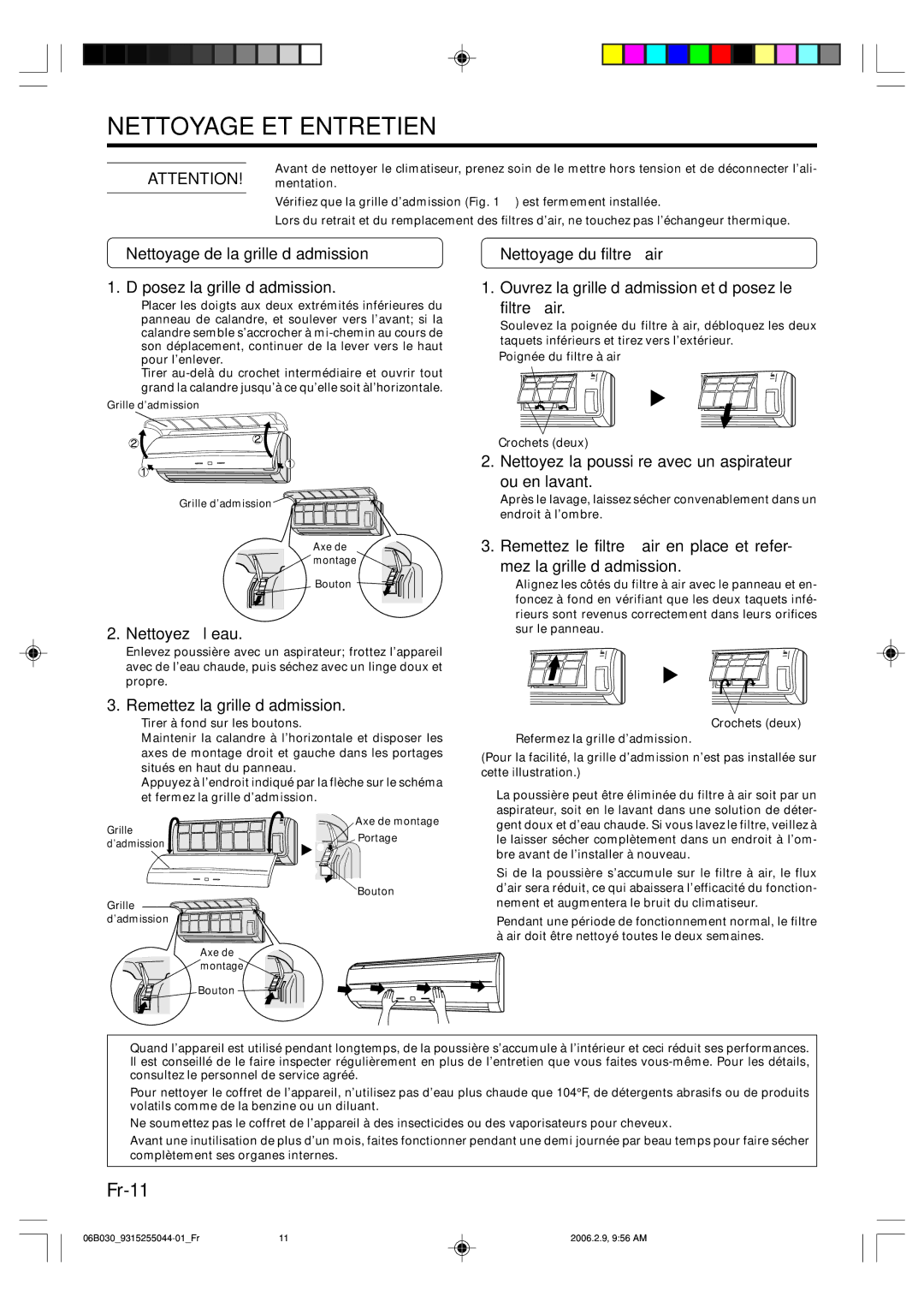 Friedrich MW18C3F, MR18C3F operation manual Nettoyage ET Entretien, Fr-11, Nettoyez à l’eau, Remettez la grille d’admission 