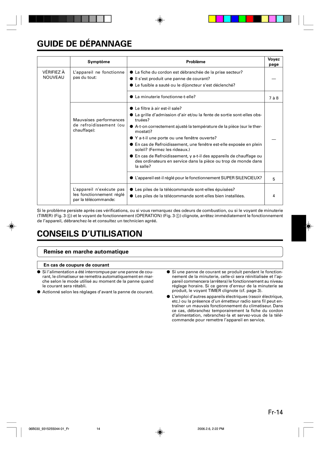 Friedrich MR18C3F, MW18C3F Conseils D’UTILISATION, Fr-14, Remise en marche automatique, En cas de coupure de courant 