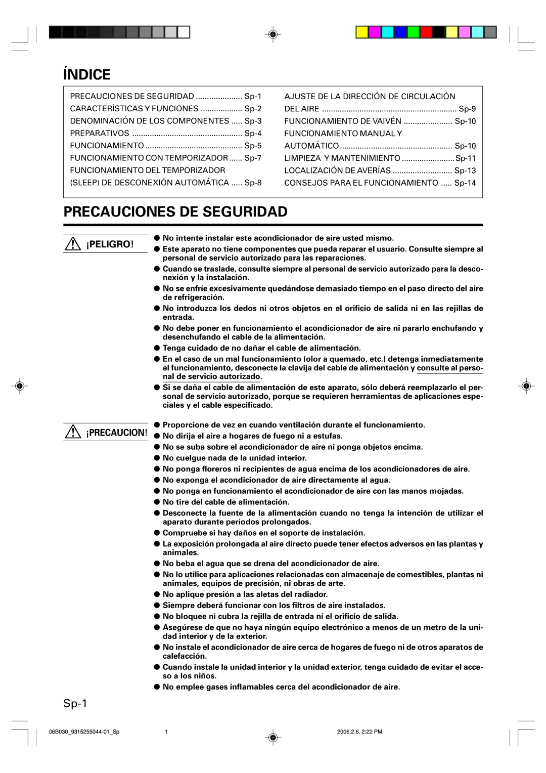 Friedrich MW18C3F, MR18C3F operation manual Índice, Precauciones DE Seguridad, Sp-1 