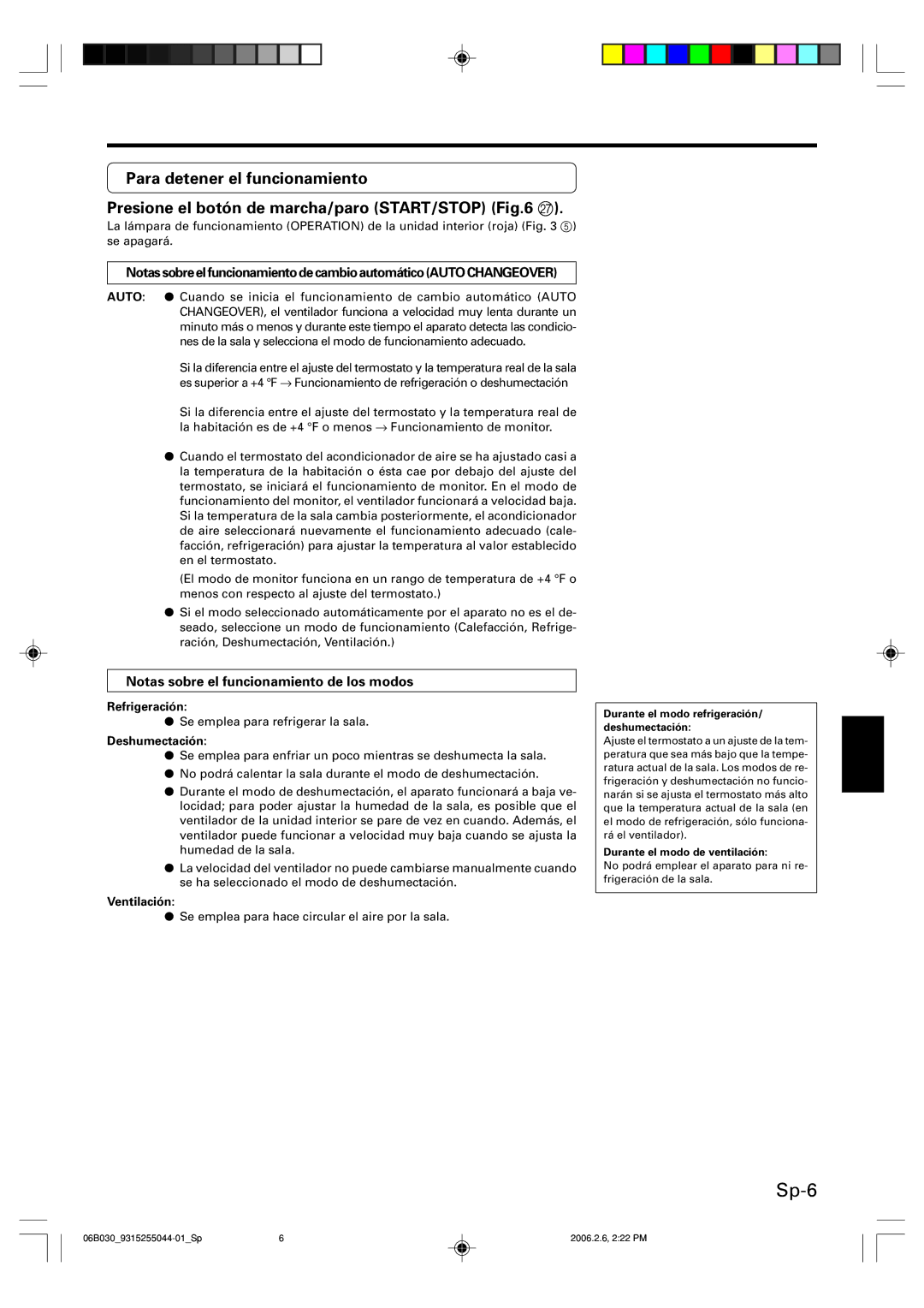 Friedrich MR18C3F, MW18C3F operation manual Sp-6, NotassobreelfuncionamientodecambioautomáticoAUTOCHANGEOVER 