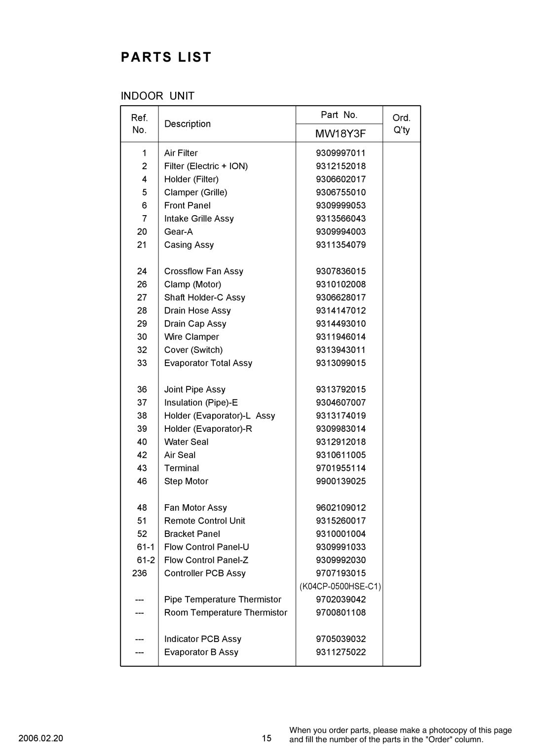 Friedrich MW18Y3F, MR18Y3F specifications Parts List 