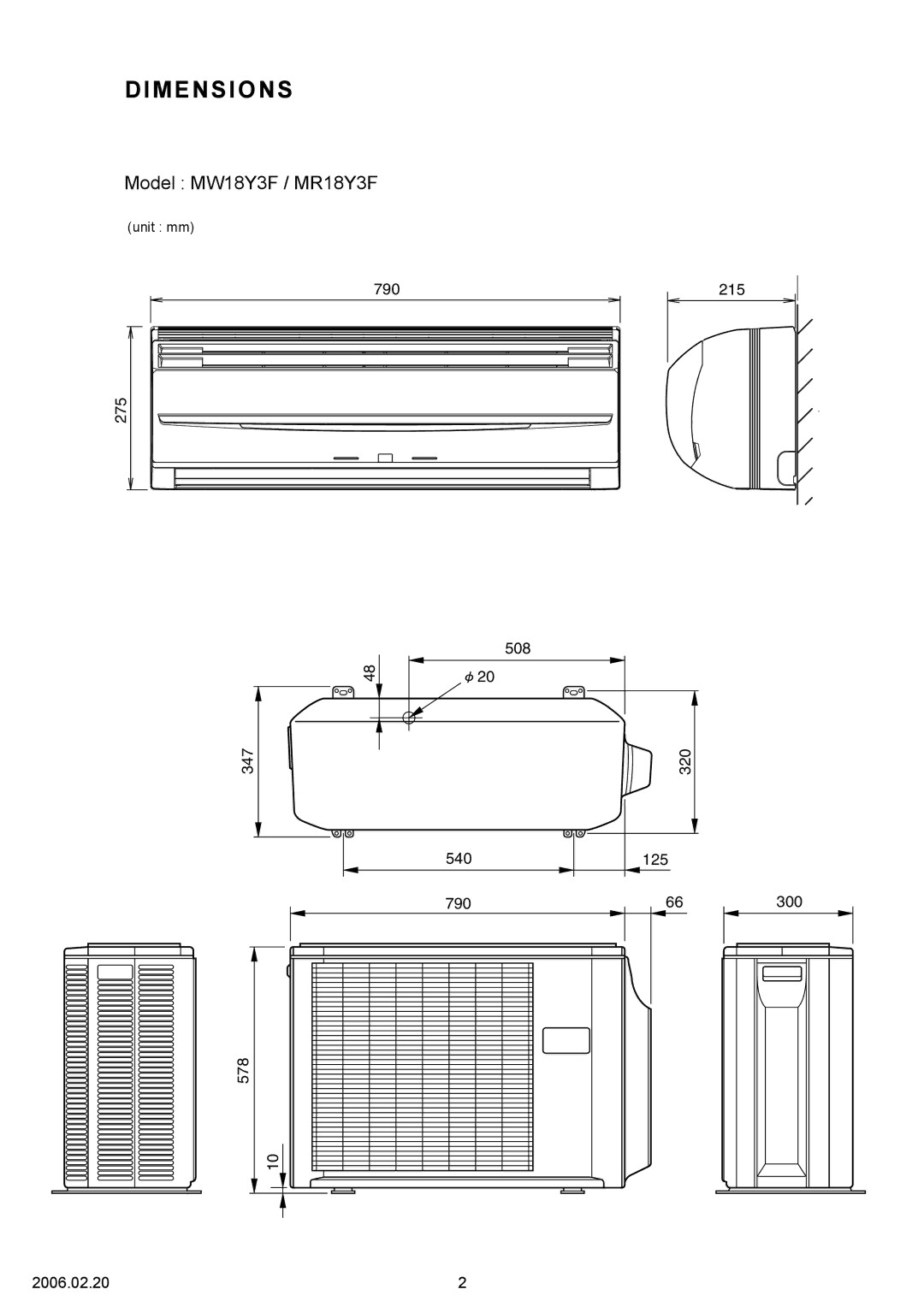 Friedrich MR18Y3F, MW18Y3F specifications Dimensions 