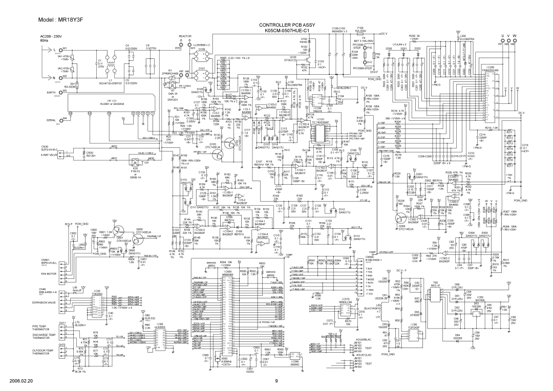Friedrich MW18Y3F, MR18Y3F specifications Controller Pcb Assy, K05CM-0507HUE-C1, 2006.02.20, 60Hz, AC208 